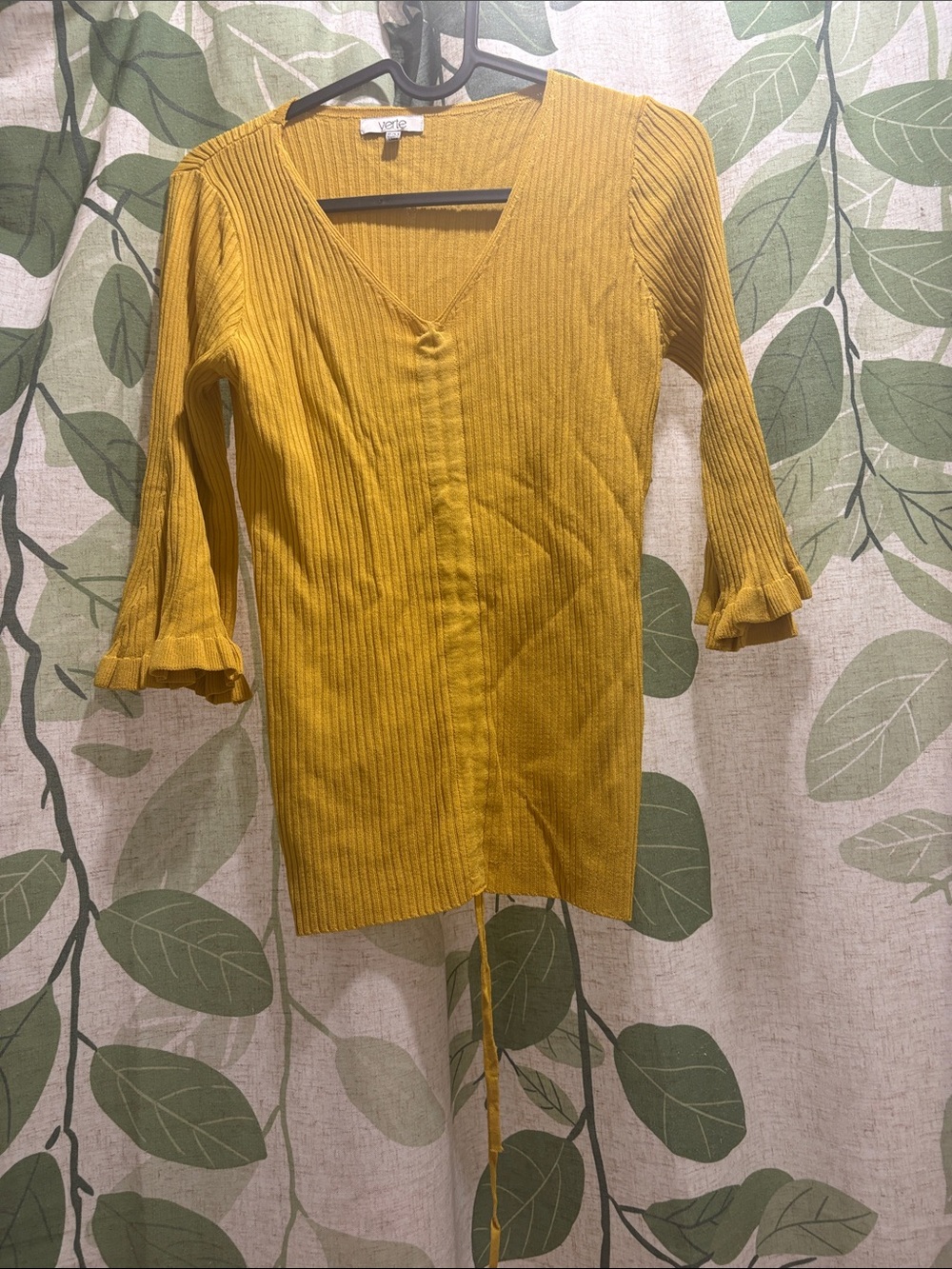 Yellow Ribbed V-Neck Drawstring Tunic Top - Picture 2 of 5